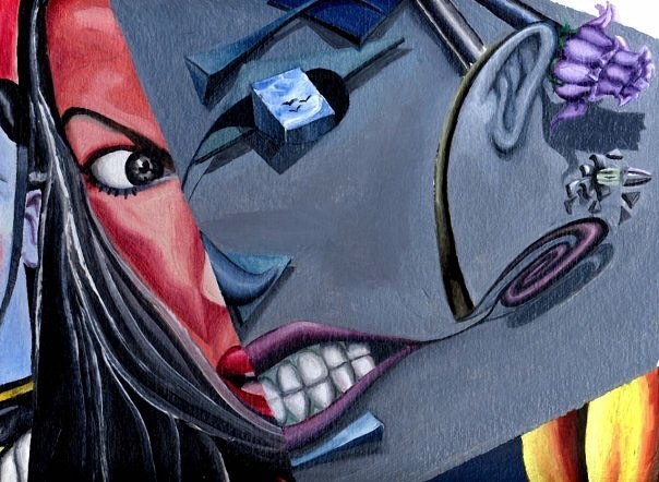 Half Real, an acrylic painting with an abstracted face and geometric elements