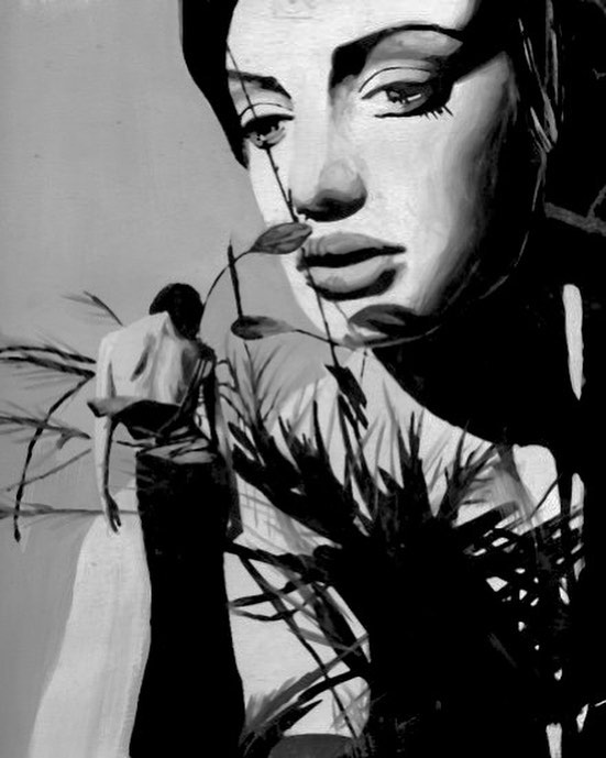 Her and Her, a monochrome gouache work layering a large portrait with a figure and foliage