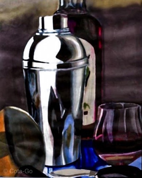 Shaker, a pen drawing of reflective barware and a glass