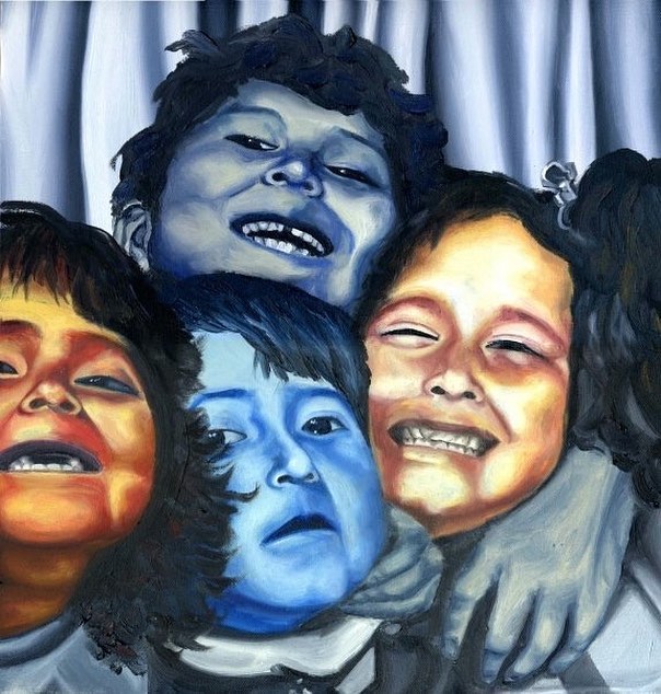 Us Kids, an oil painting depicting four children gathered closely together