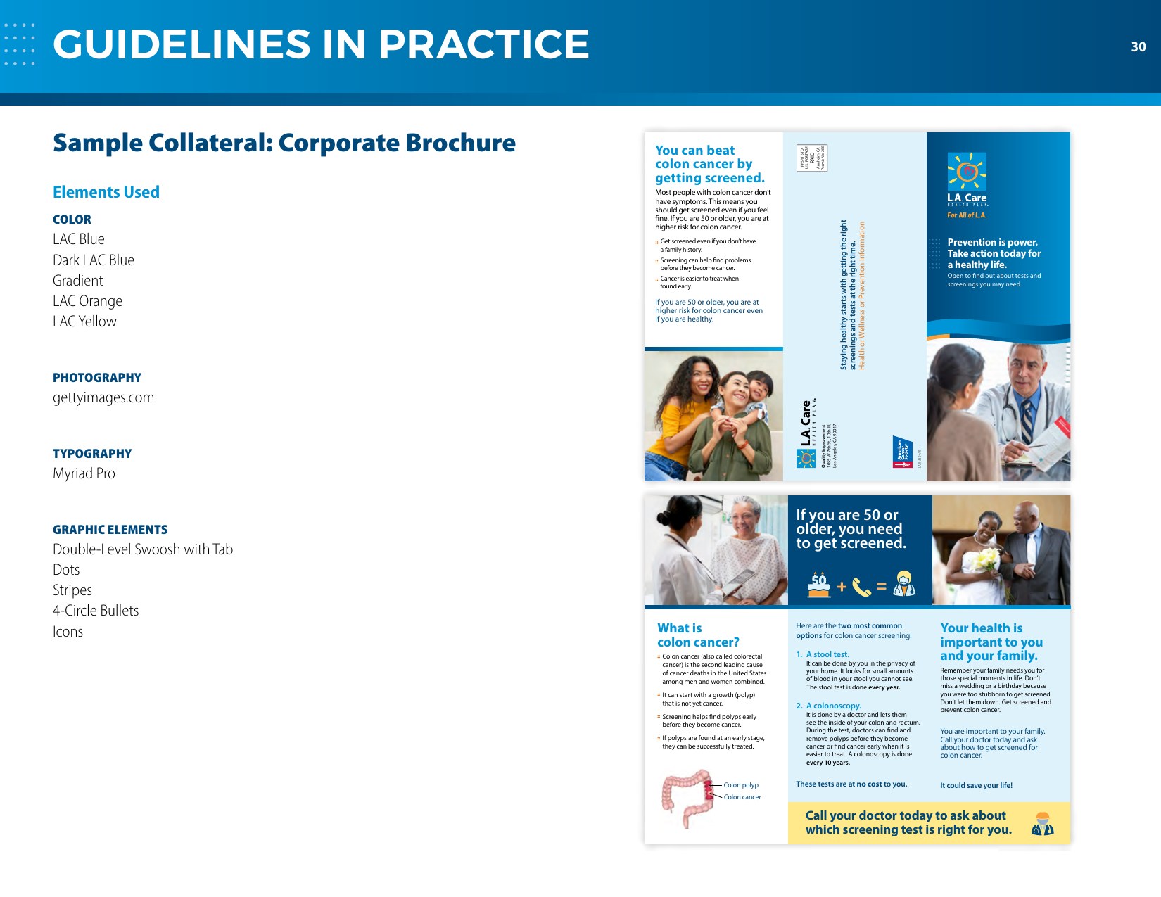 2019 L.A. Care brand guide page showing the brand system applied to a corporate email signature