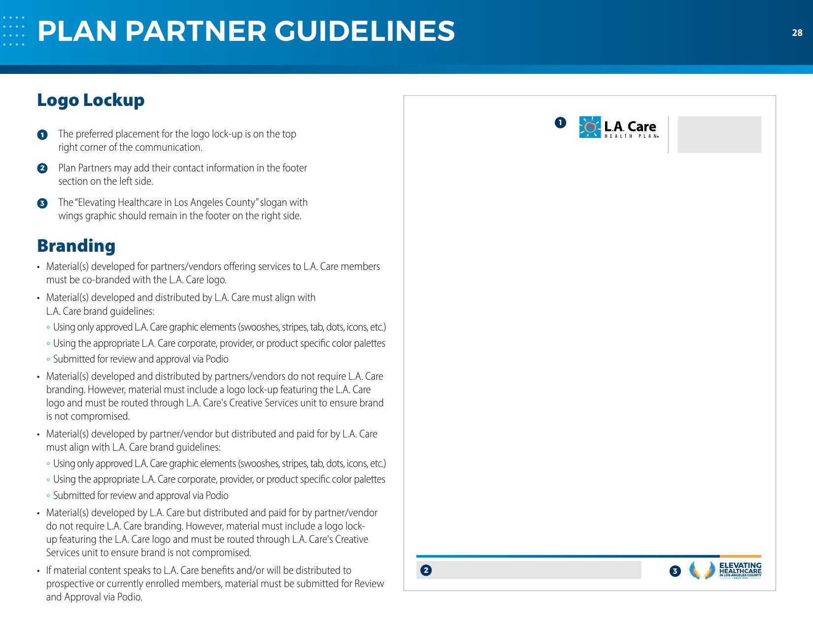 2019 L.A. Care brand guide page establishing logo lockup and branding rules for plan partners