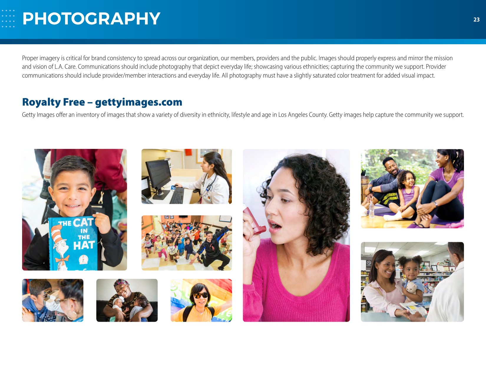 2019 L.A. Care brand guide page defining photography style through community and health care imagery
