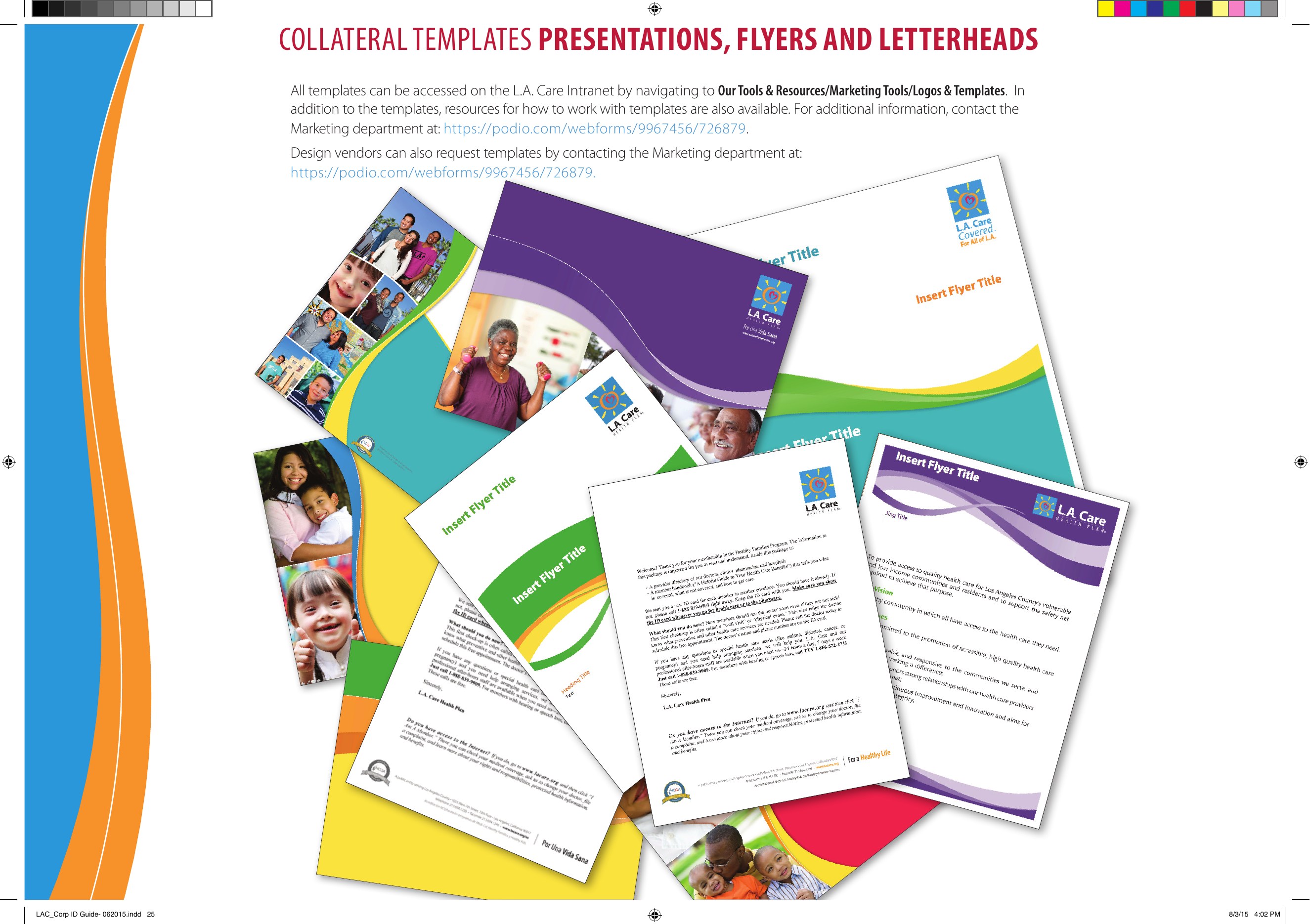 L.A. Care brand guide page showing a coordinated family of collateral templates