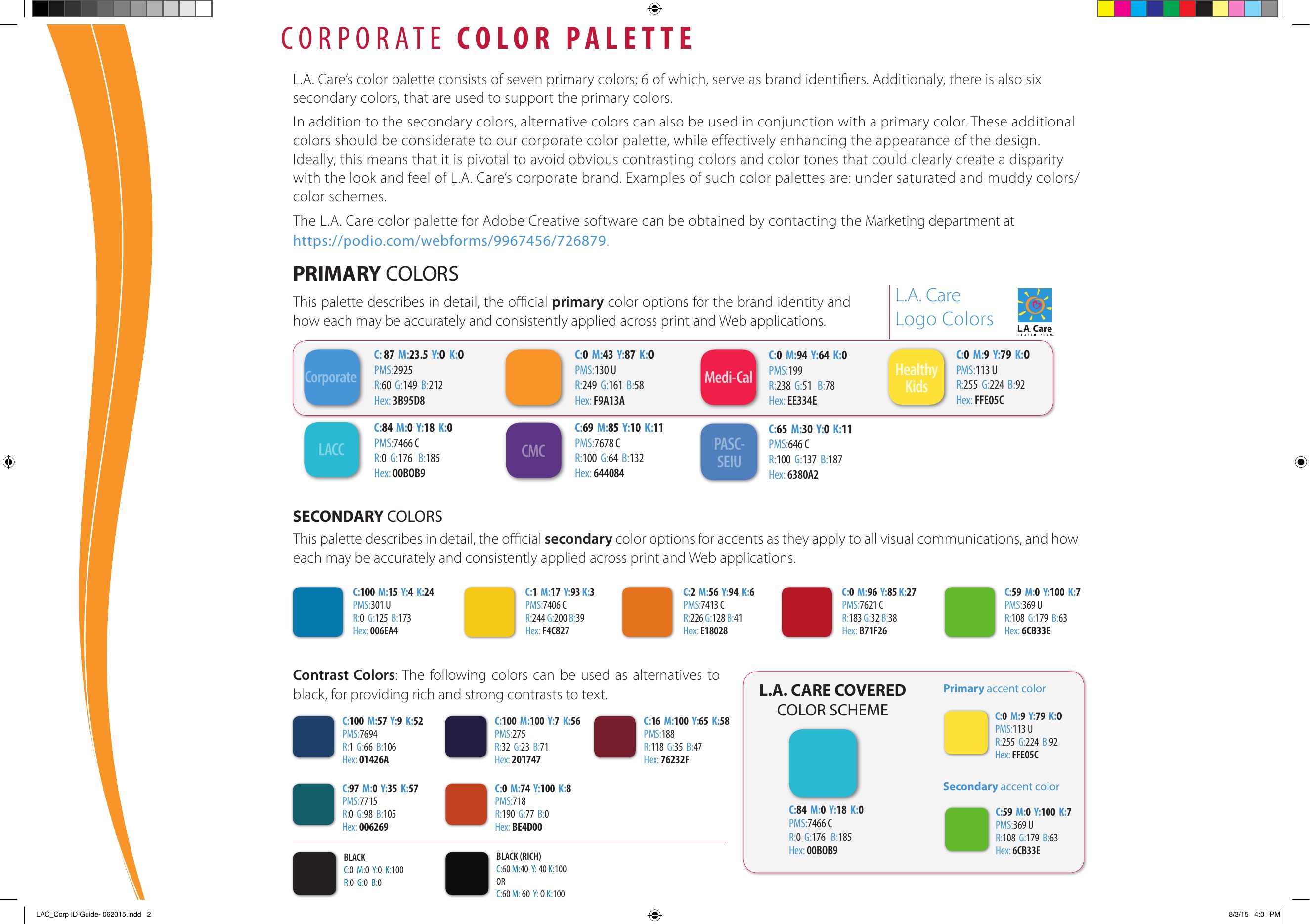 L.A. Care brand guide page documenting the corporate and product color system