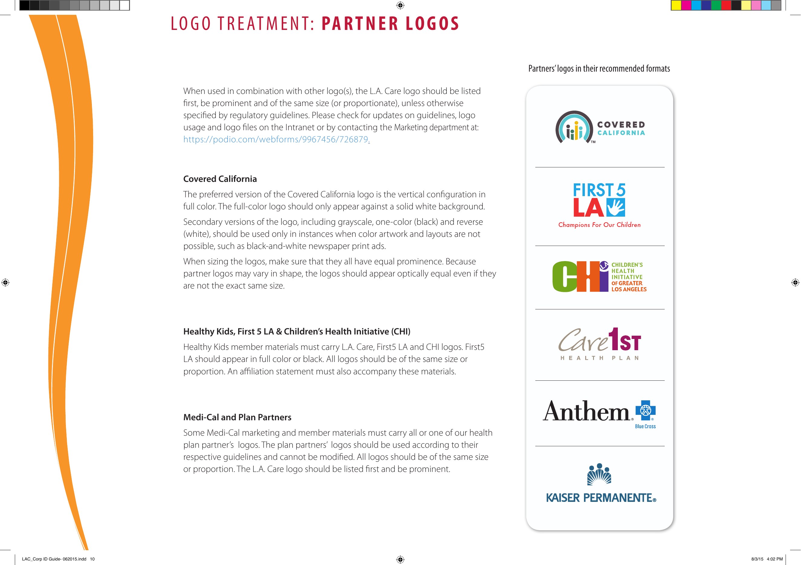 L.A. Care brand guide page establishing treatment for partner logos