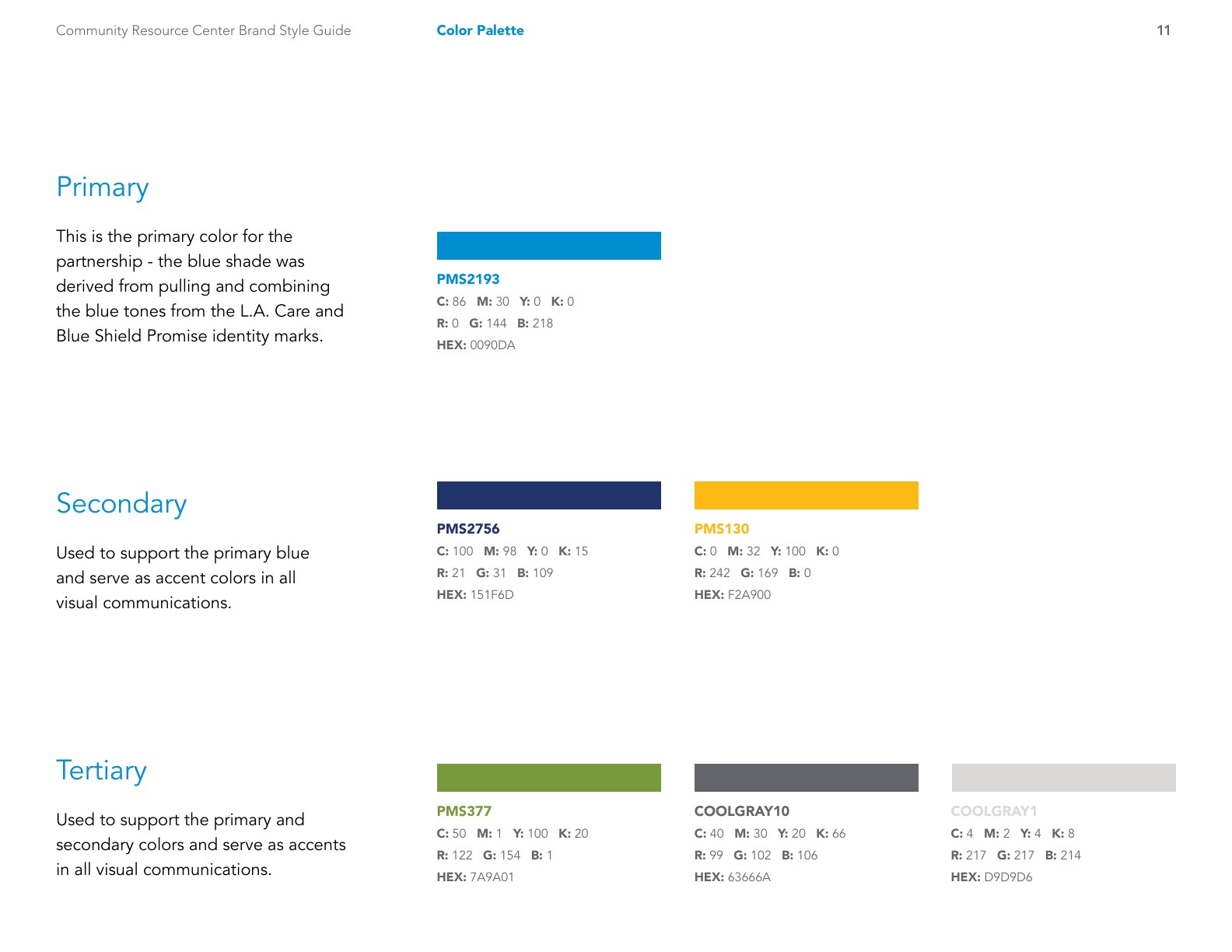 Style guide page documenting the shared Community Resource Center color palette